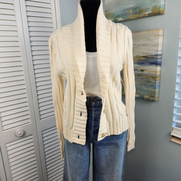 Izod Cable Knit Cardigan Ivory Shawl Collar Button Front NWT sz Medium Academia - Picture 1 of 9